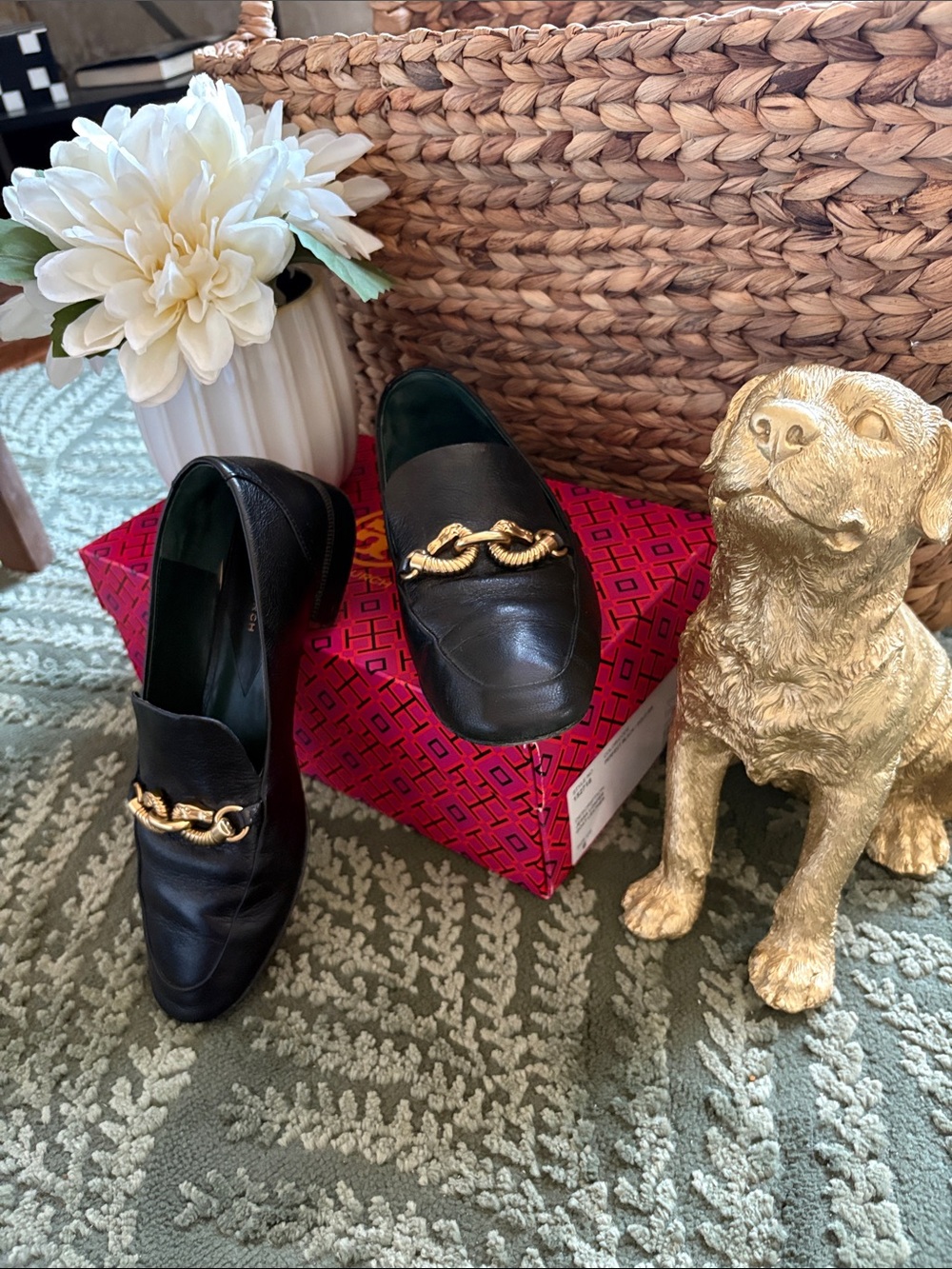 Tory Burch Black Leather Loafers with Gold Chain Accent